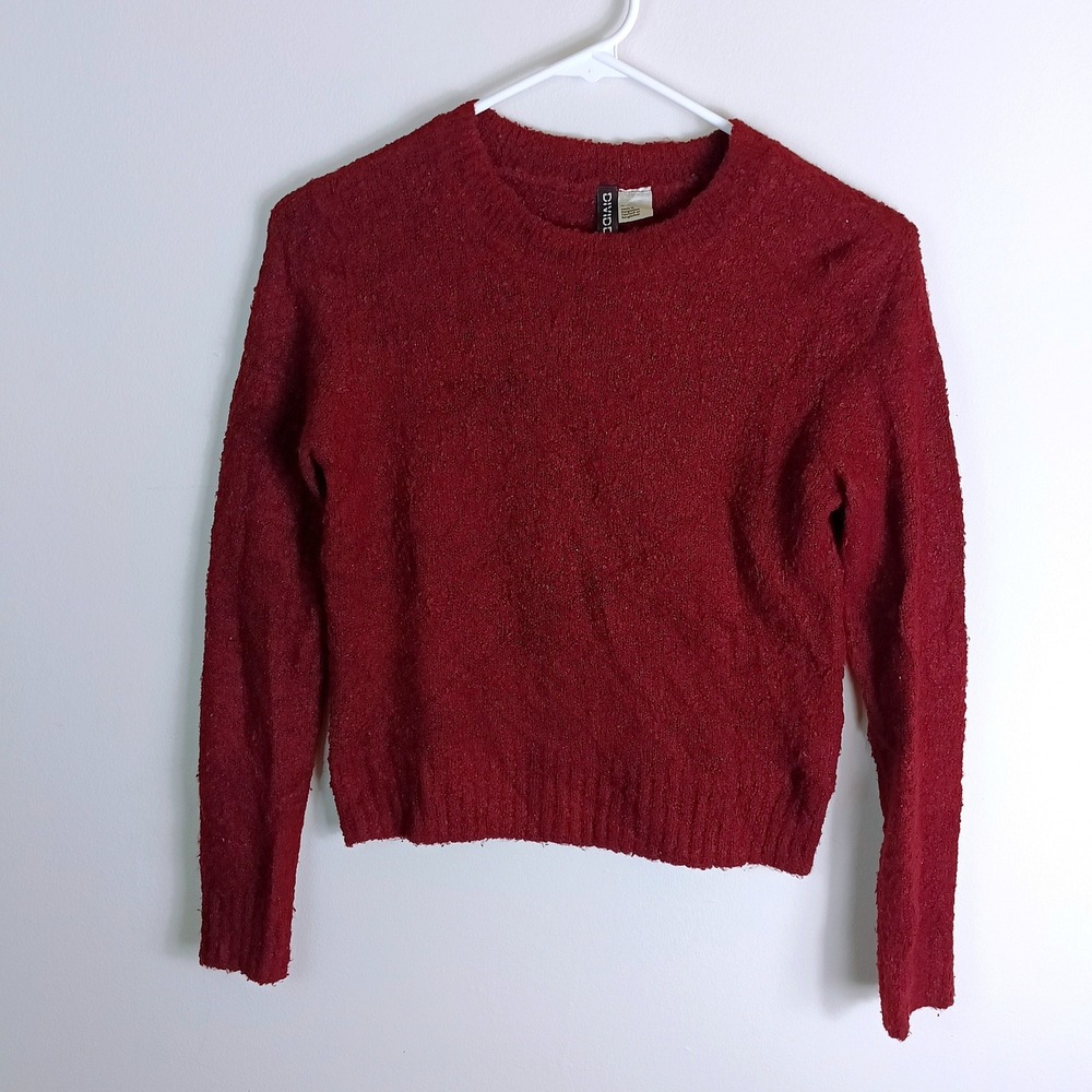 H&M Divided Textured Knit Sweater Womens XS Burgundy Excellent Long Sleeve Crop